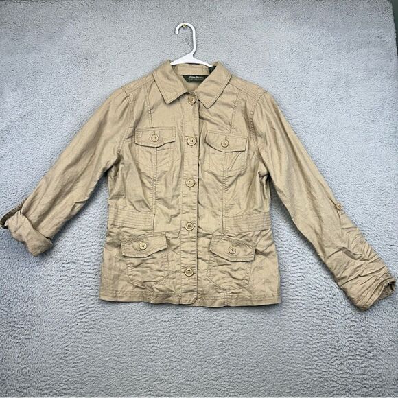 Eddie Bauer Shirt Jacket Womens Medium‎ Beige Linen Blend Chore Field Outdoor - Picture 1 of 12